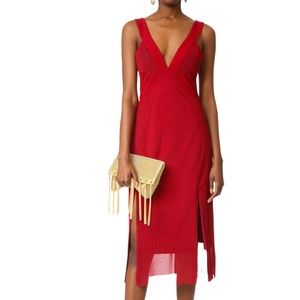 NWT Three Floor Red Midi Mesh Cutout Deep V-Neck Sheath Sleeveless Dress Size 2